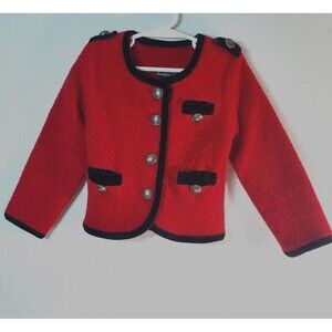 Girls Red Boiled Wool Jacket New Star Buttons, Black Satin Trim